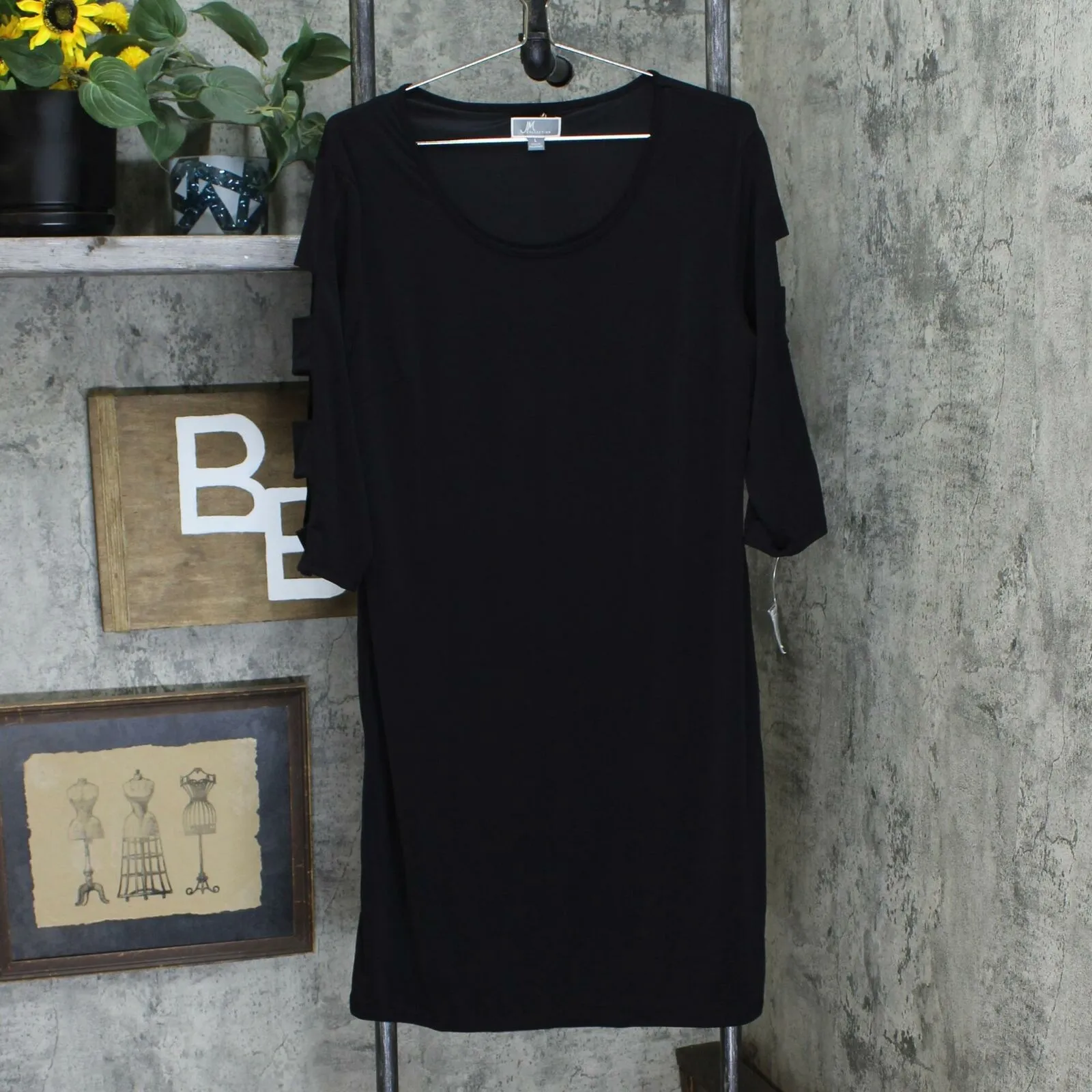 JM Collection Women's Lattice Sleeve Jersey Dress Black Large