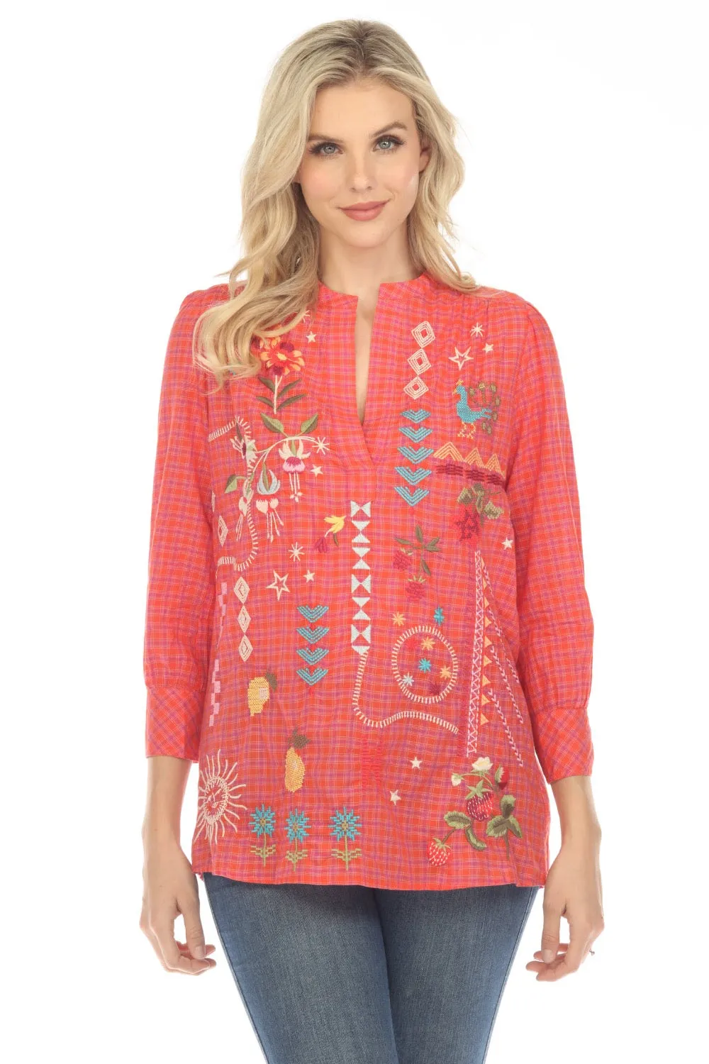 Johnny Was Workshop Plaid Lyonne Henley Shift Tunic Top Boho Chic W26723