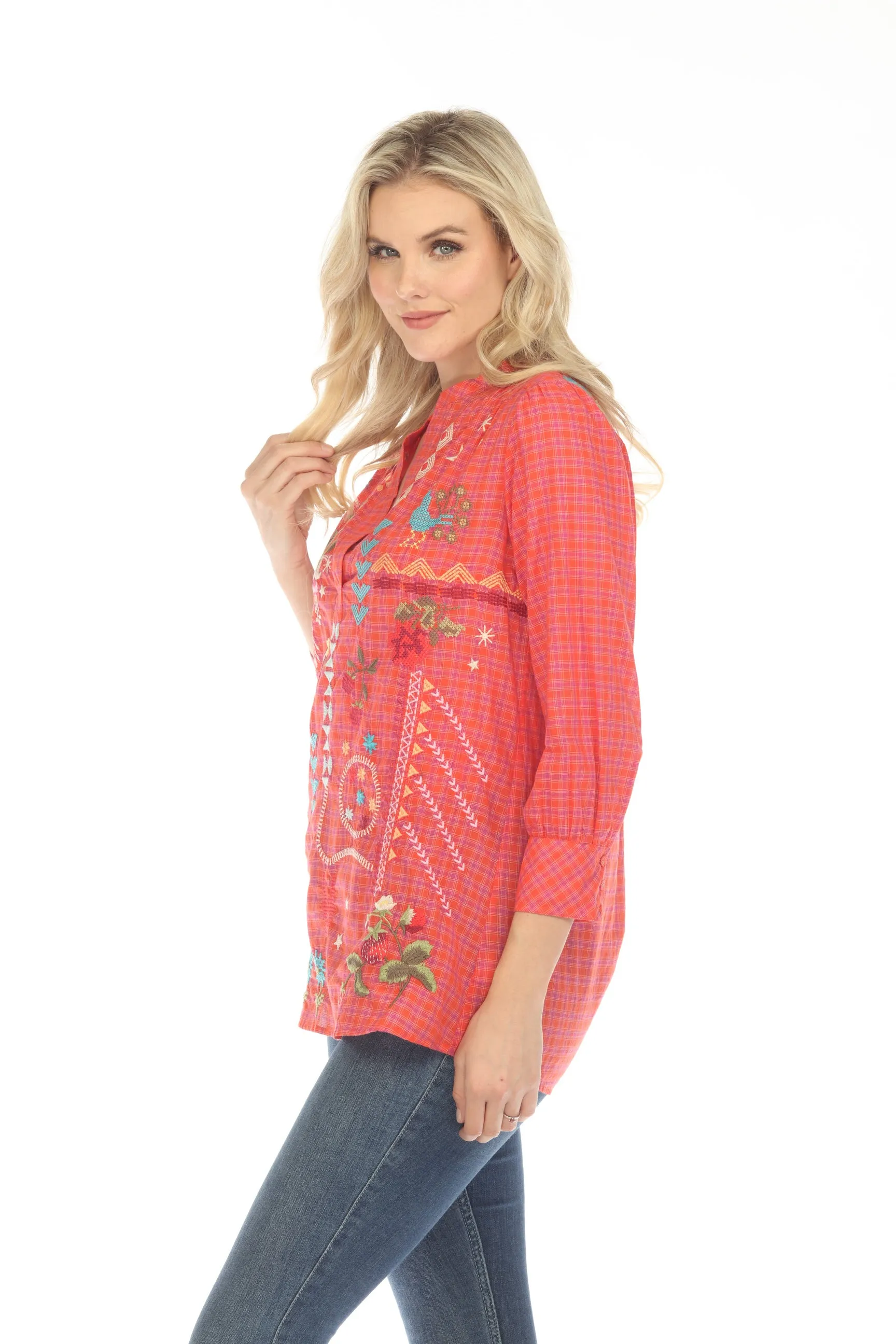 Johnny Was Workshop Plaid Lyonne Henley Shift Tunic Top Boho Chic W26723