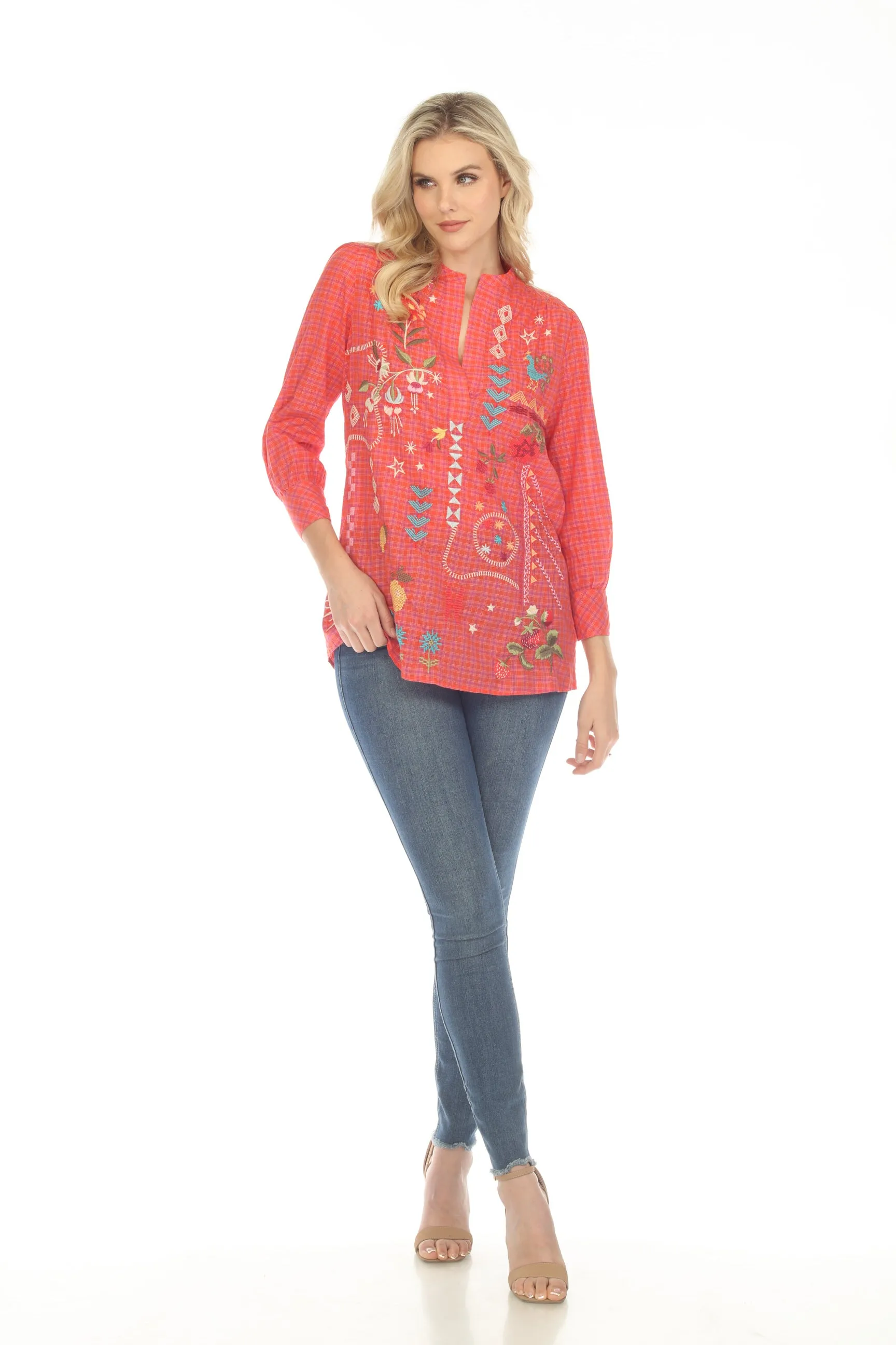 Johnny Was Workshop Plaid Lyonne Henley Shift Tunic Top Boho Chic W26723