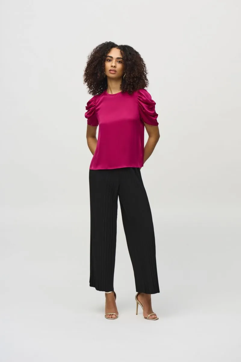 Joseph Ribkoff Rich Berry Crew Neck Shirred Sleeve Satin Top 244023