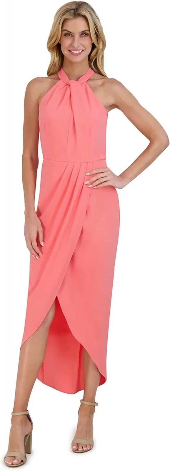 Julia Jordan Knot Neck Tulip Hem Stunning Formal Cocktail Hour Dress Melon 12