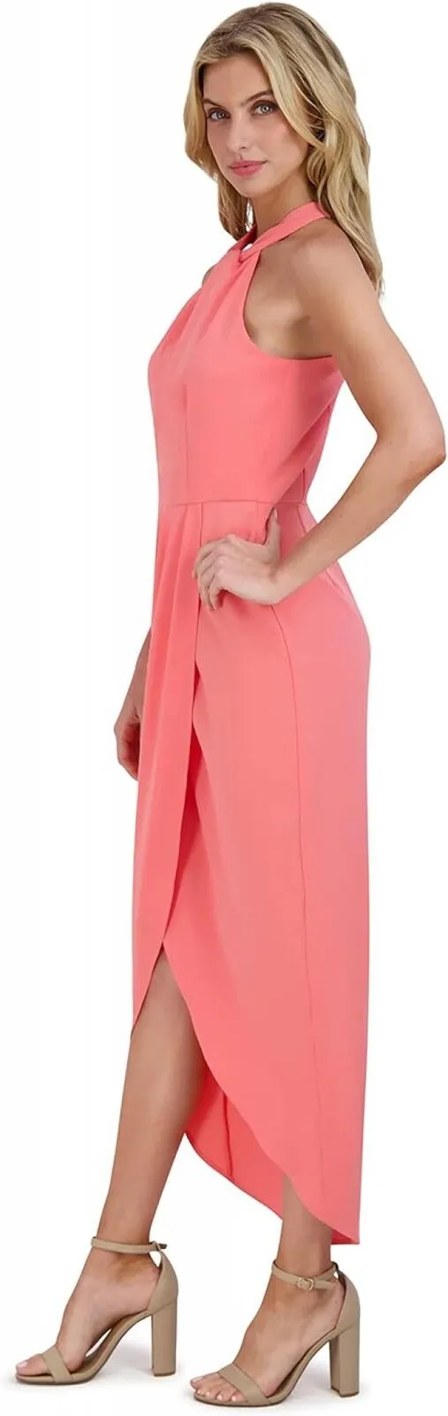 Julia Jordan Knot Neck Tulip Hem Stunning Formal Cocktail Hour Dress Melon 12
