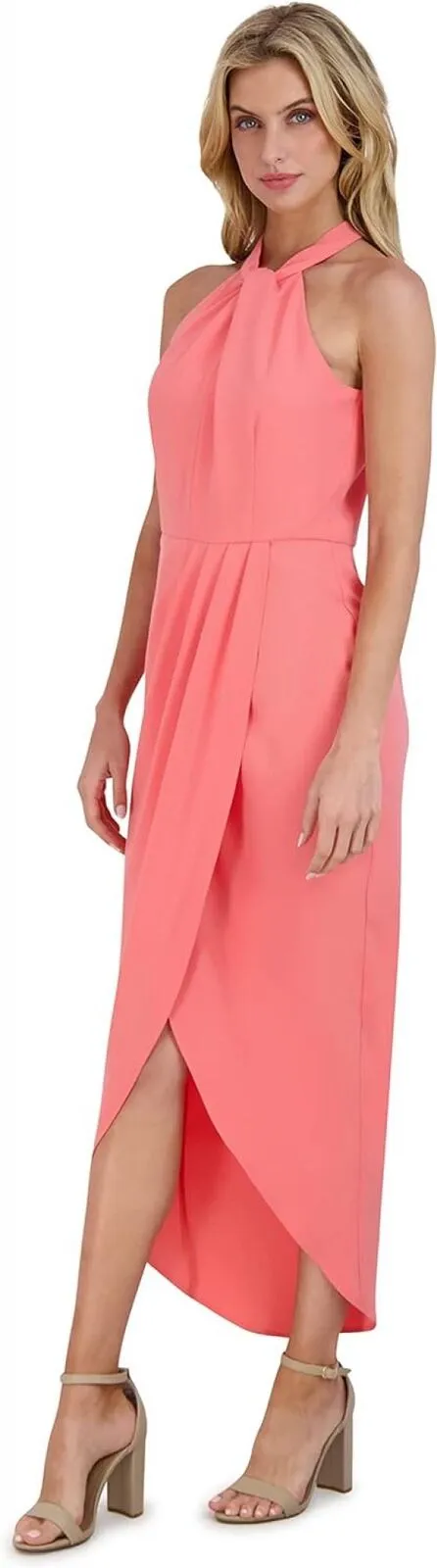 Julia Jordan Knot Neck Tulip Hem Stunning Formal Cocktail Hour Dress Melon 12