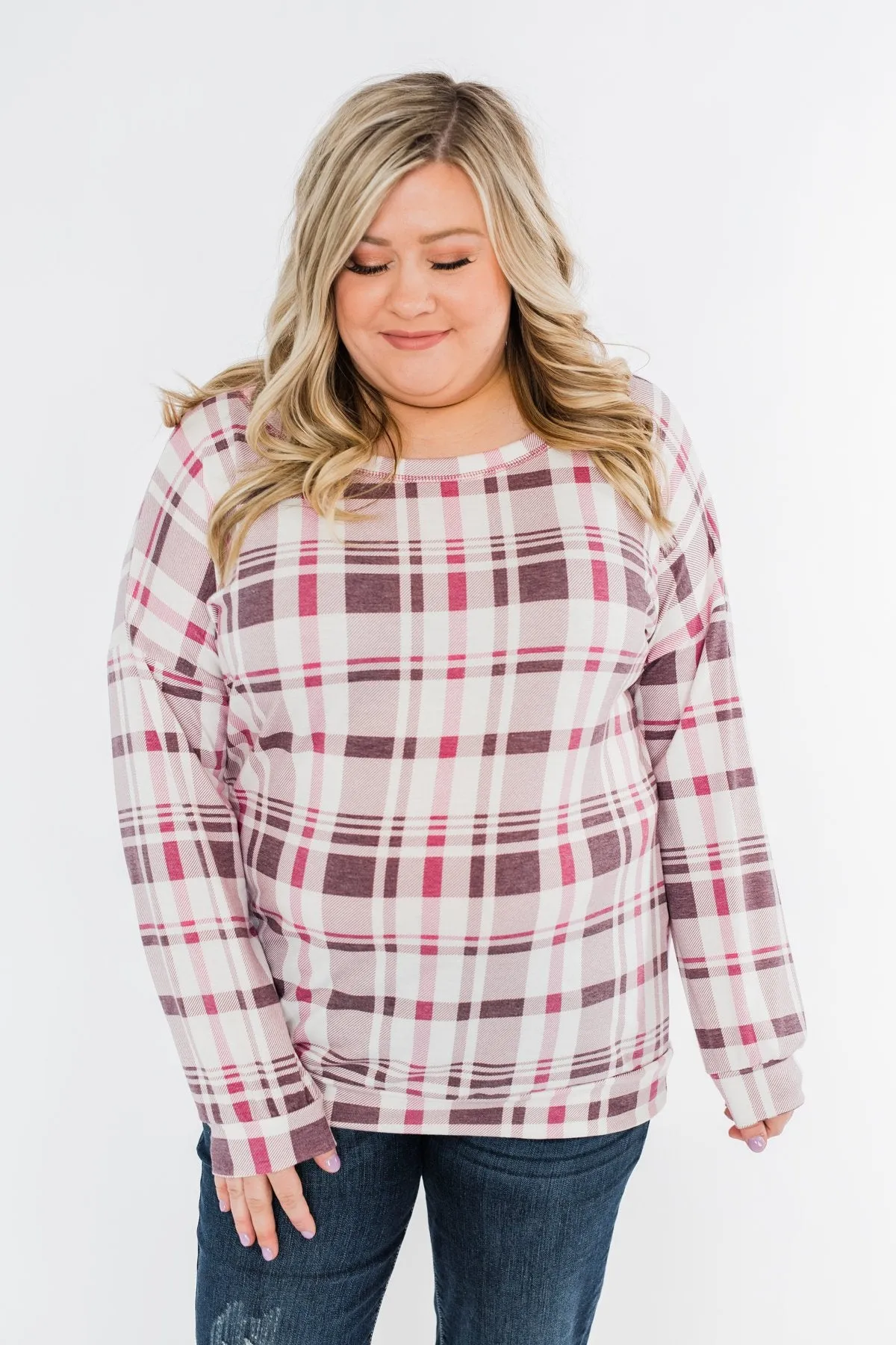 Just Wanna Have Fun Plaid Pullover Top- Purple Tones