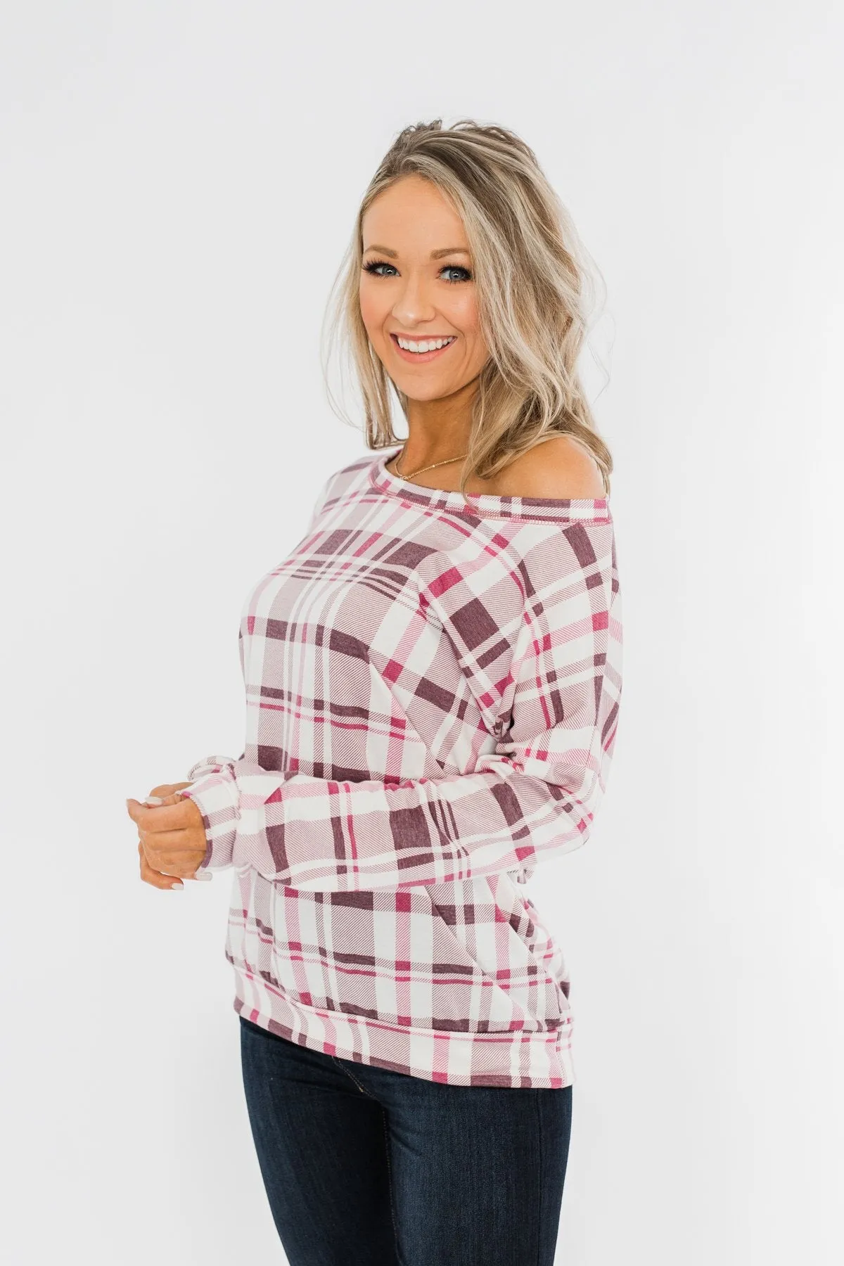 Just Wanna Have Fun Plaid Pullover Top- Purple Tones