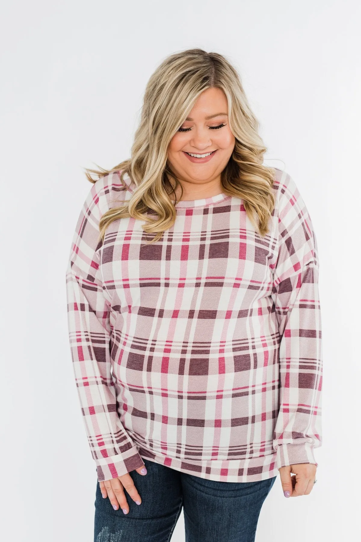 Just Wanna Have Fun Plaid Pullover Top- Purple Tones