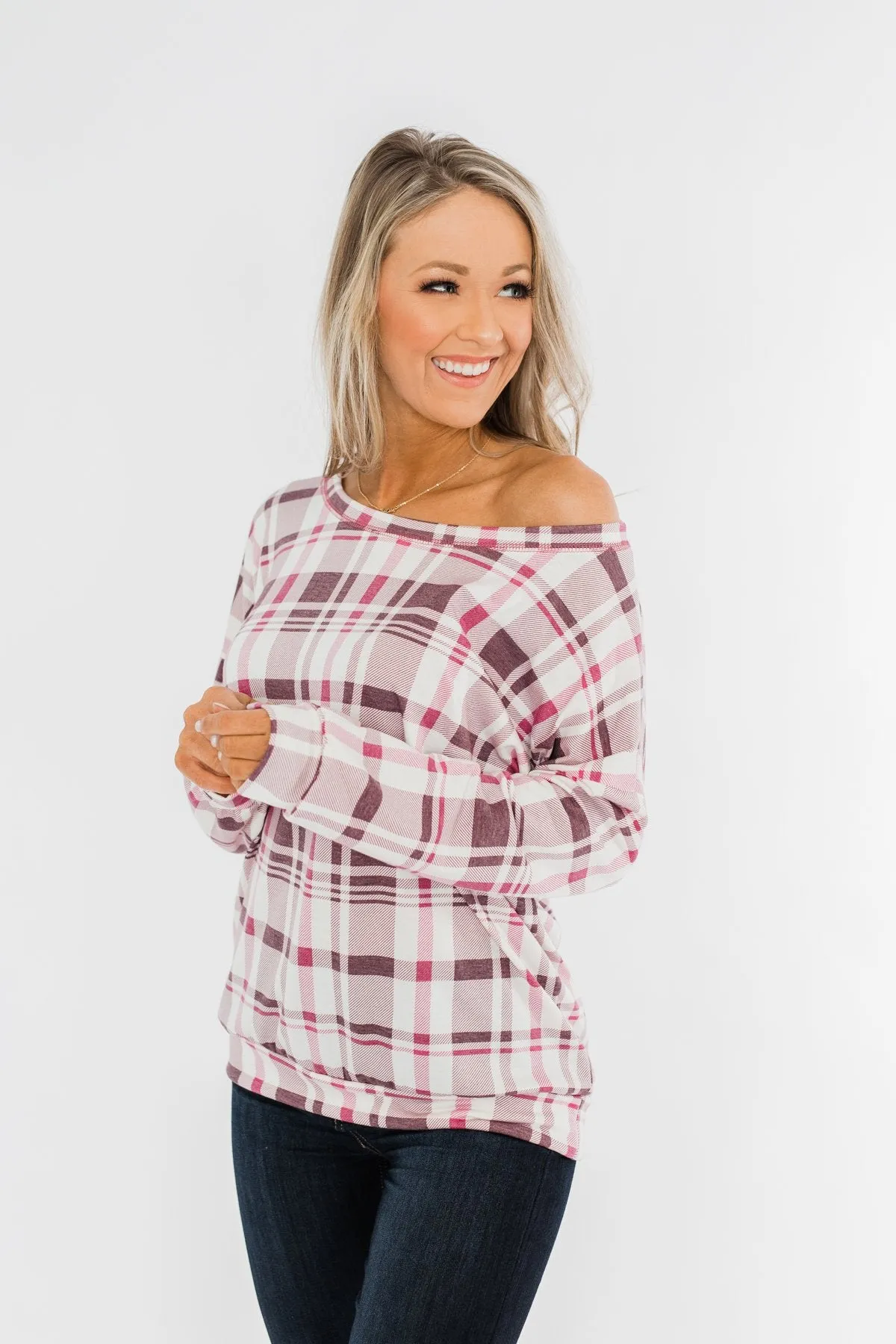 Just Wanna Have Fun Plaid Pullover Top- Purple Tones