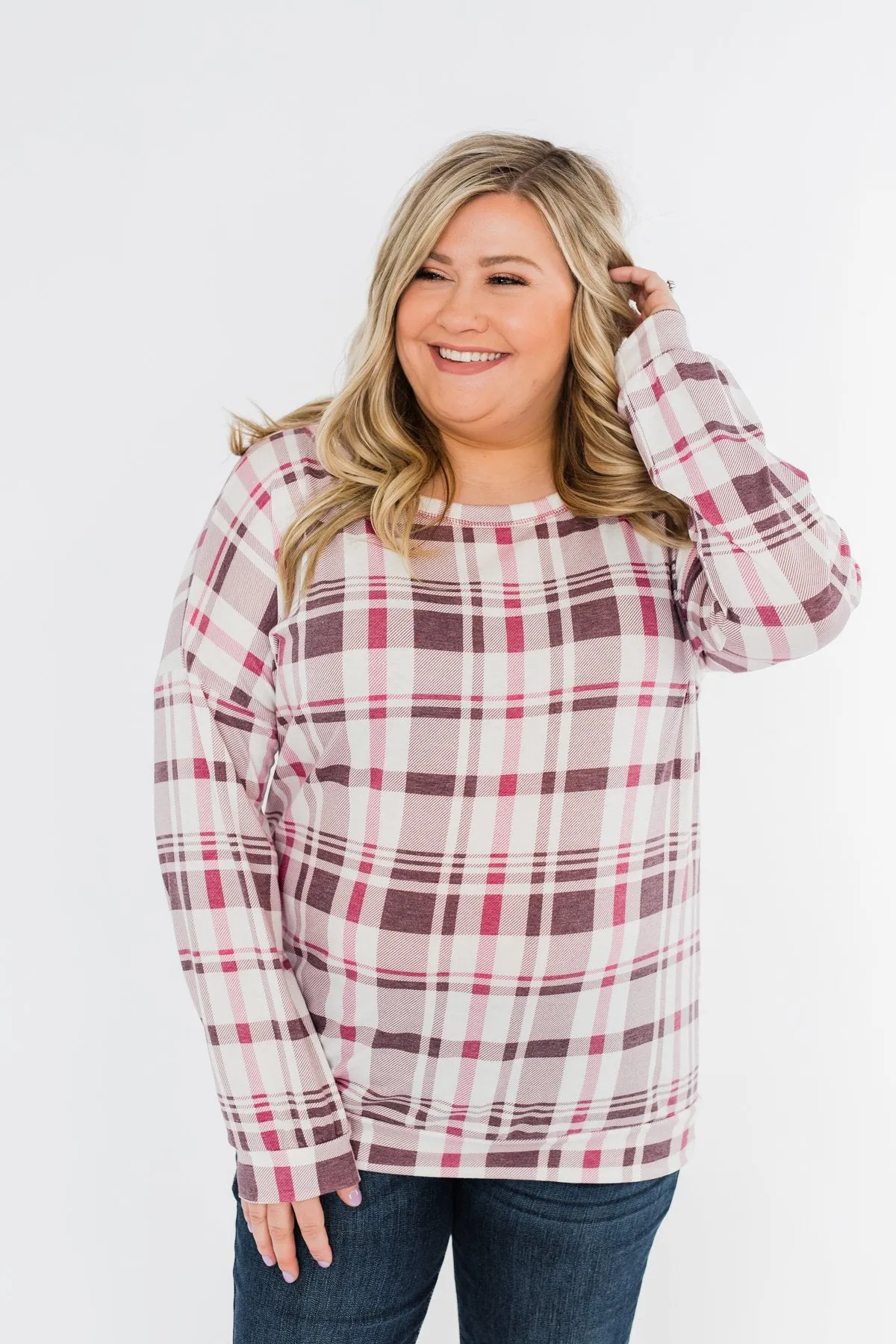 Just Wanna Have Fun Plaid Pullover Top- Purple Tones
