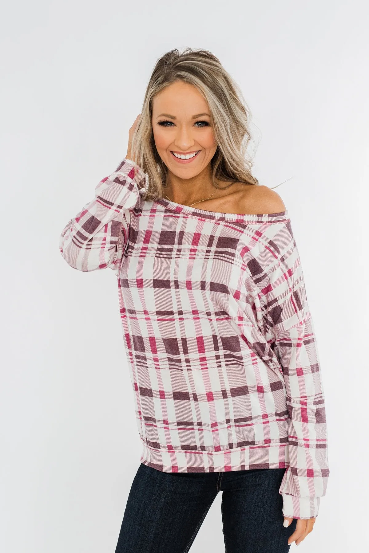 Just Wanna Have Fun Plaid Pullover Top- Purple Tones