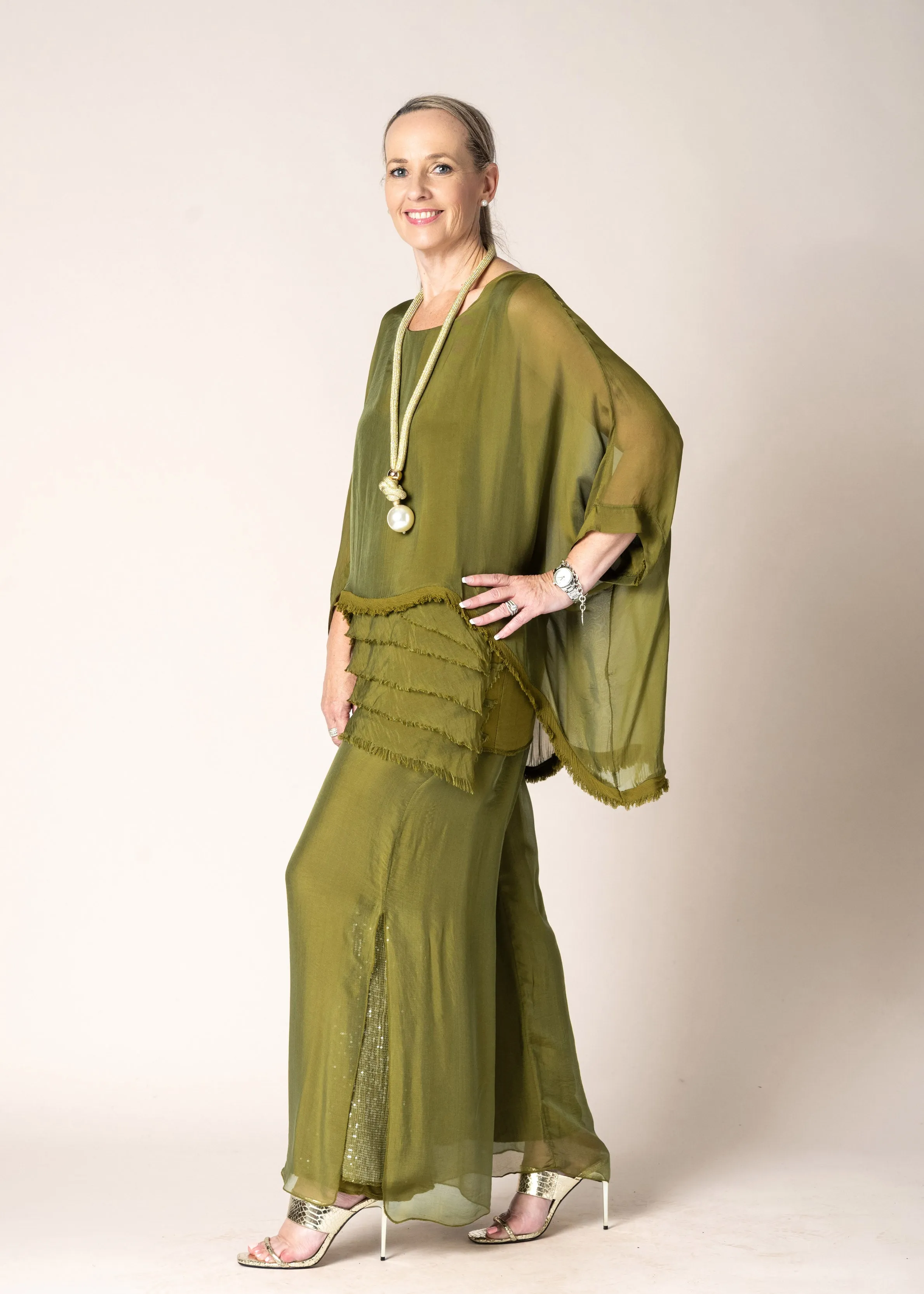 Karolina Silk Pants in Green Olive