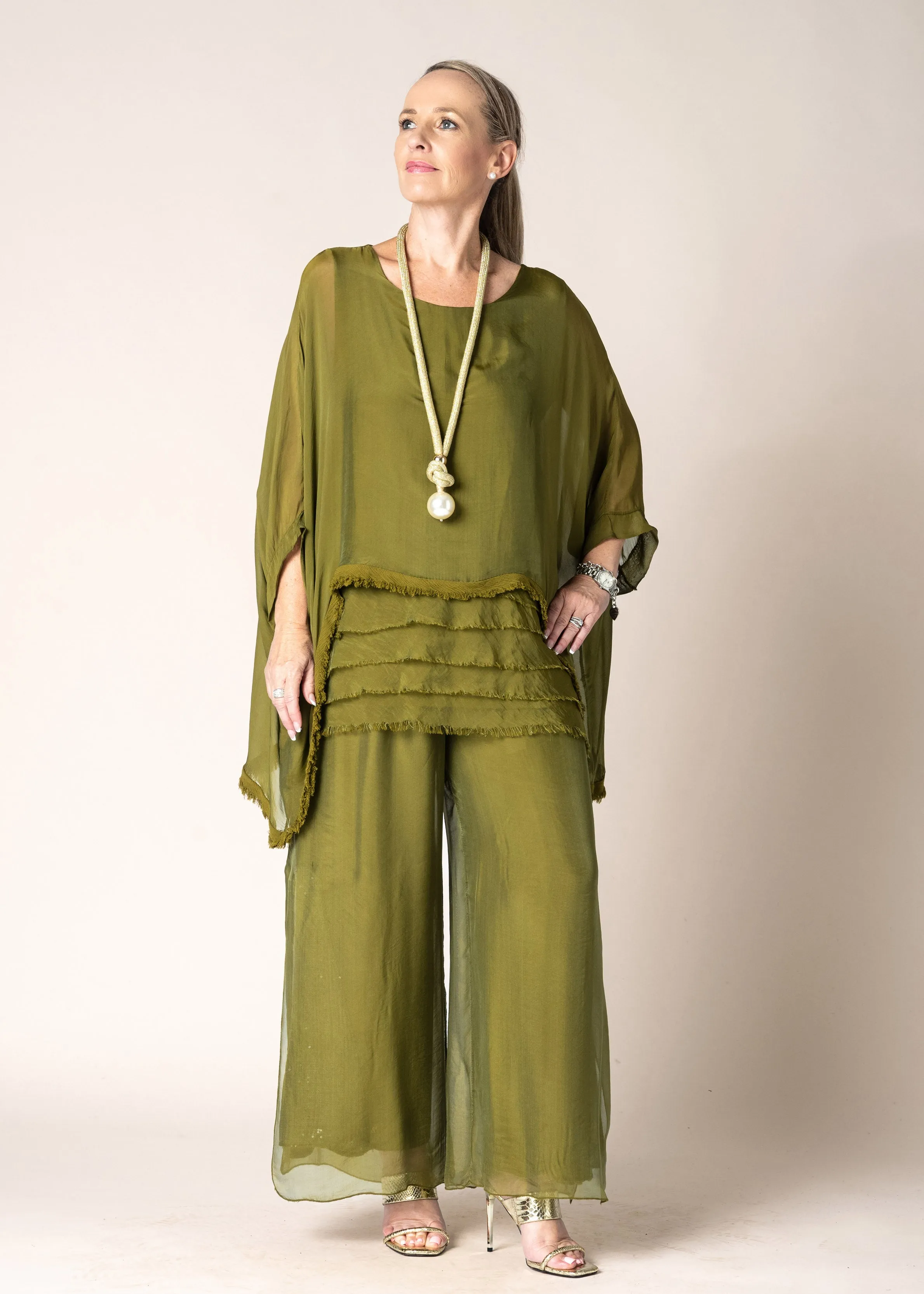 Karolina Silk Pants in Green Olive
