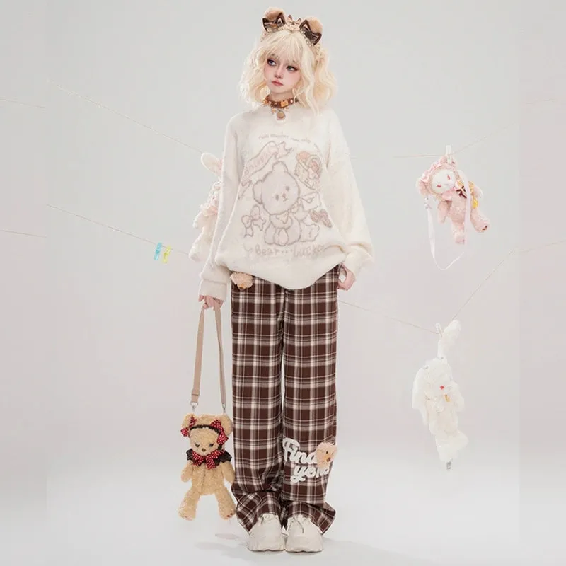Kawaii Cartoon Caramel Bear Print Wide-leg Pants