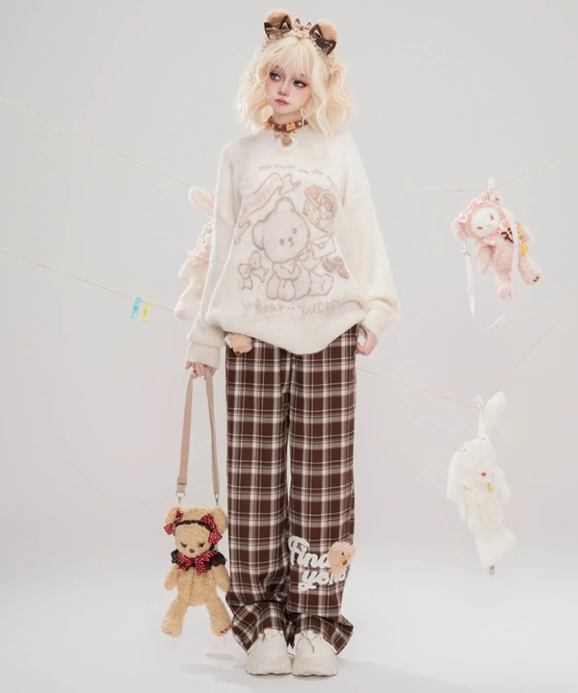 Kawaii Cartoon Caramel Bear Print Wide-leg Pants