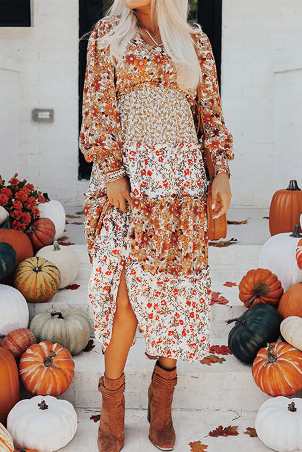 Khaki Plus Size Floral Tiered Ruffle Maxi Dress