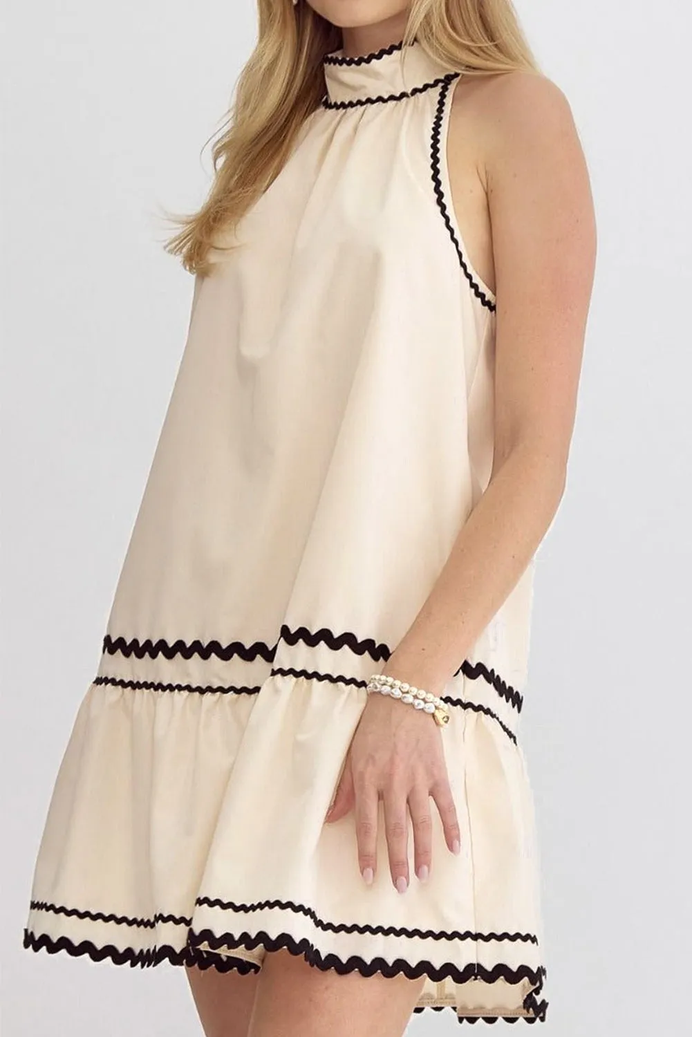 Khaki Stripe Ric Rac Trim Halter A-line Sleeveless Mini Dress