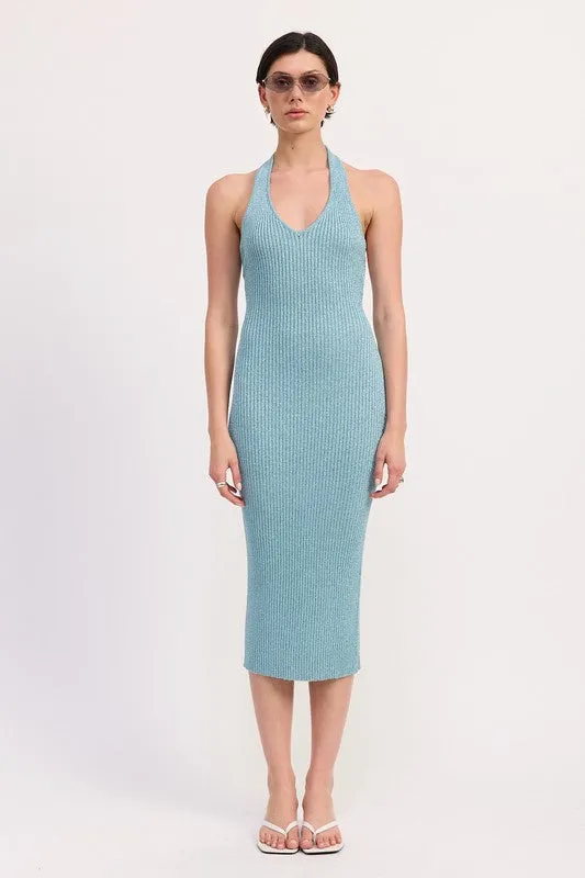 KNIT HALTER BODYCON MIDI DRESS