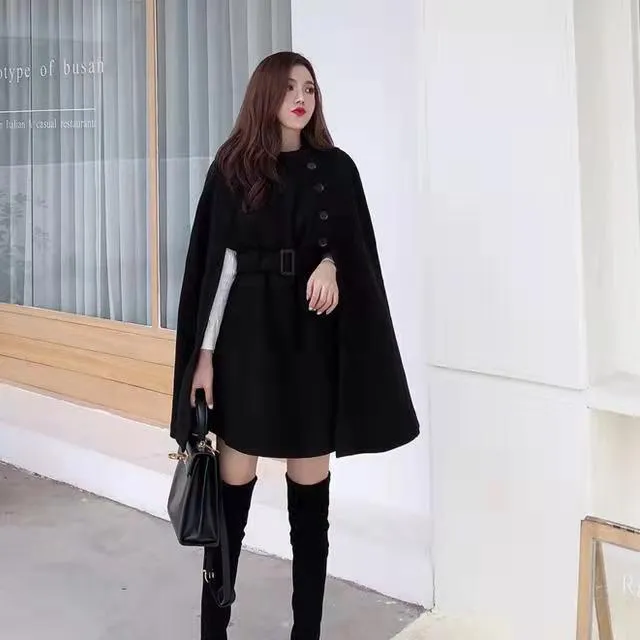 Korean New Style Solid Color Loose Cape Coat Collect Waist Woolen Medium Long Coat Women Winter Tops For Woman