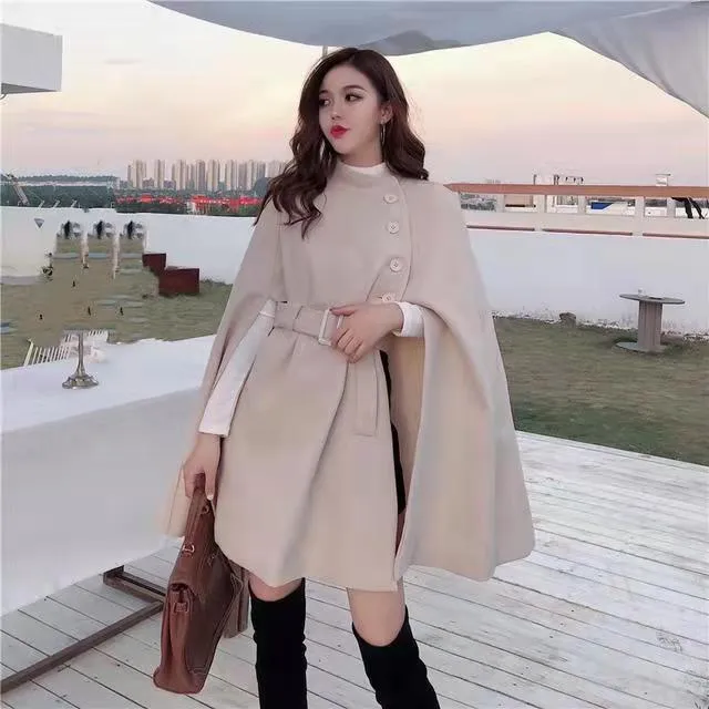 Korean New Style Solid Color Loose Cape Coat Collect Waist Woolen Medium Long Coat Women Winter Tops For Woman