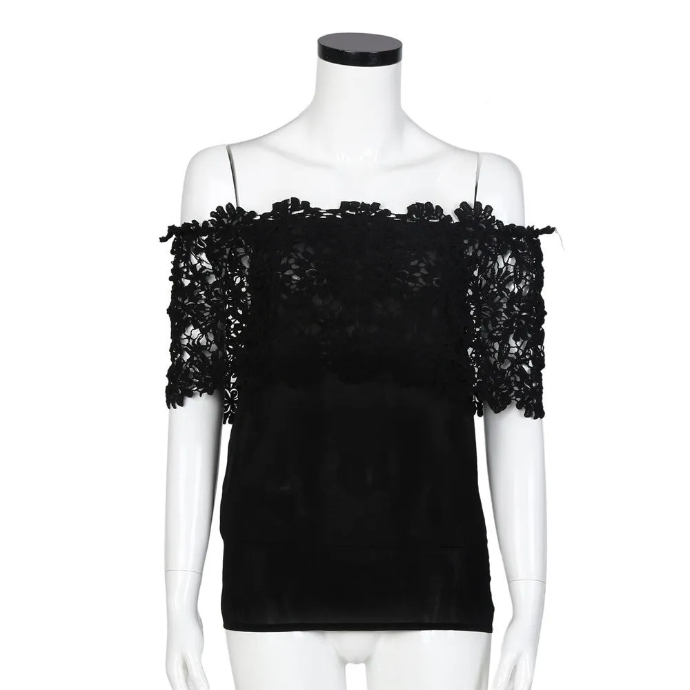 Lace Shirt Women Off Shoulder Tops Short Sleeve Sexy Chiffon Blouse Plus Size S-3XL Black White