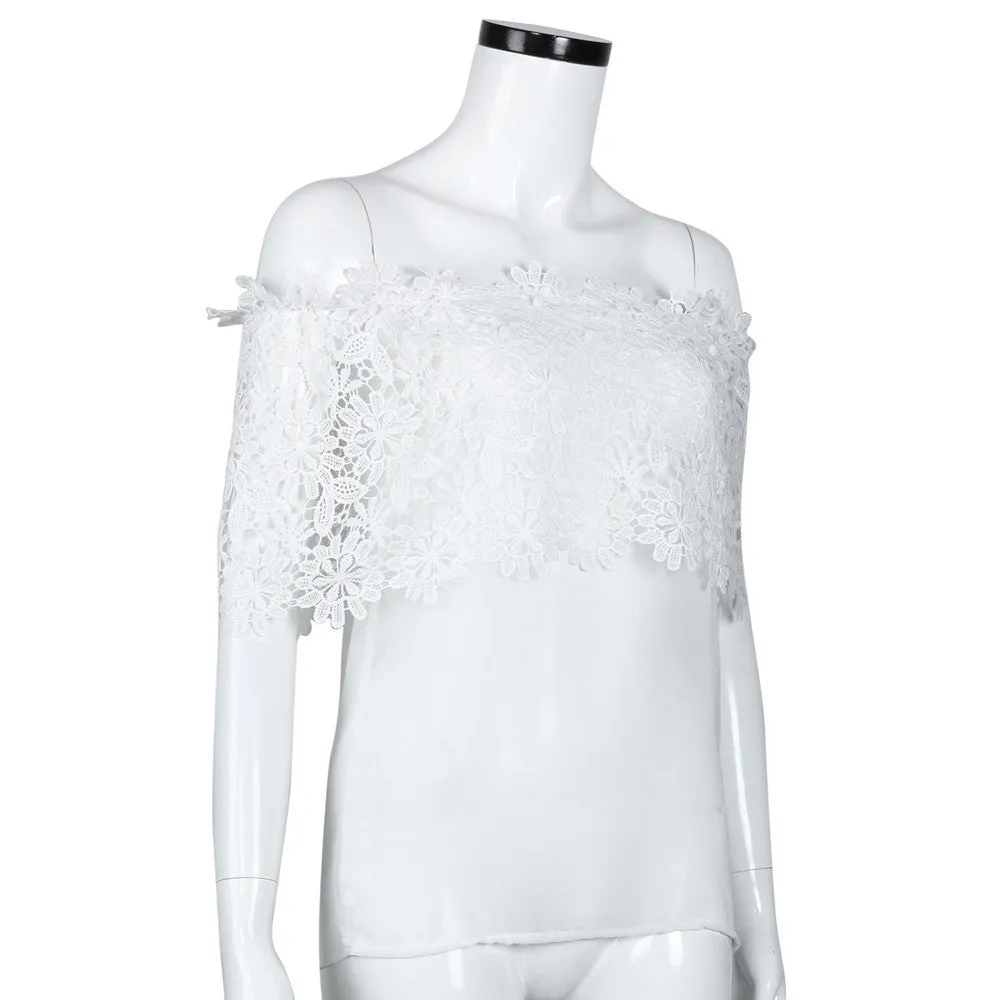 Lace Shirt Women Off Shoulder Tops Short Sleeve Sexy Chiffon Blouse Plus Size S-3XL Black White