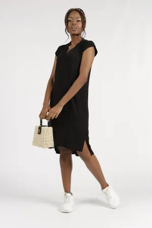 Ladies Mandiran Collar Shift Dress - Black