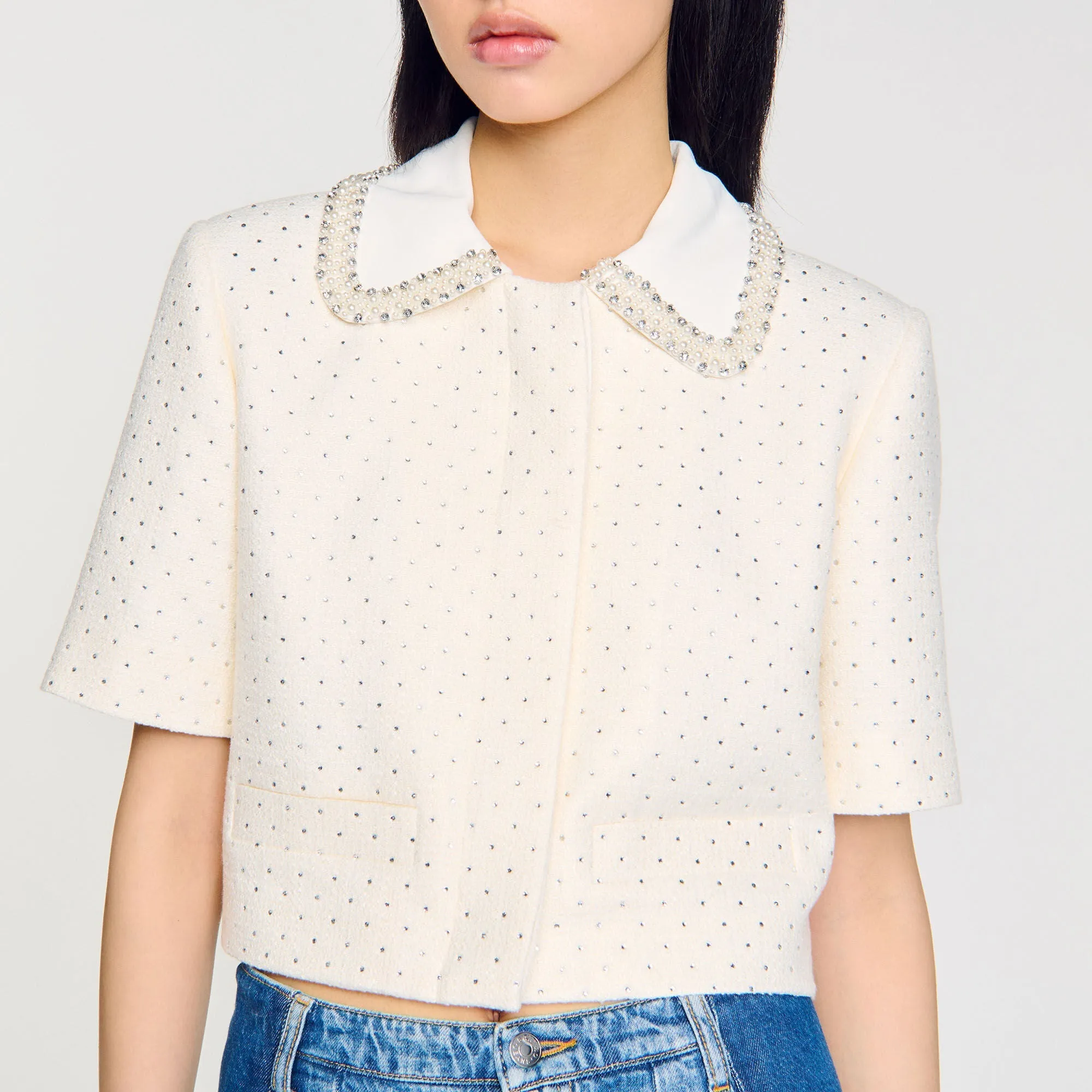 Lahavane Short-Sleeved Rhinestone Jacket Ecru