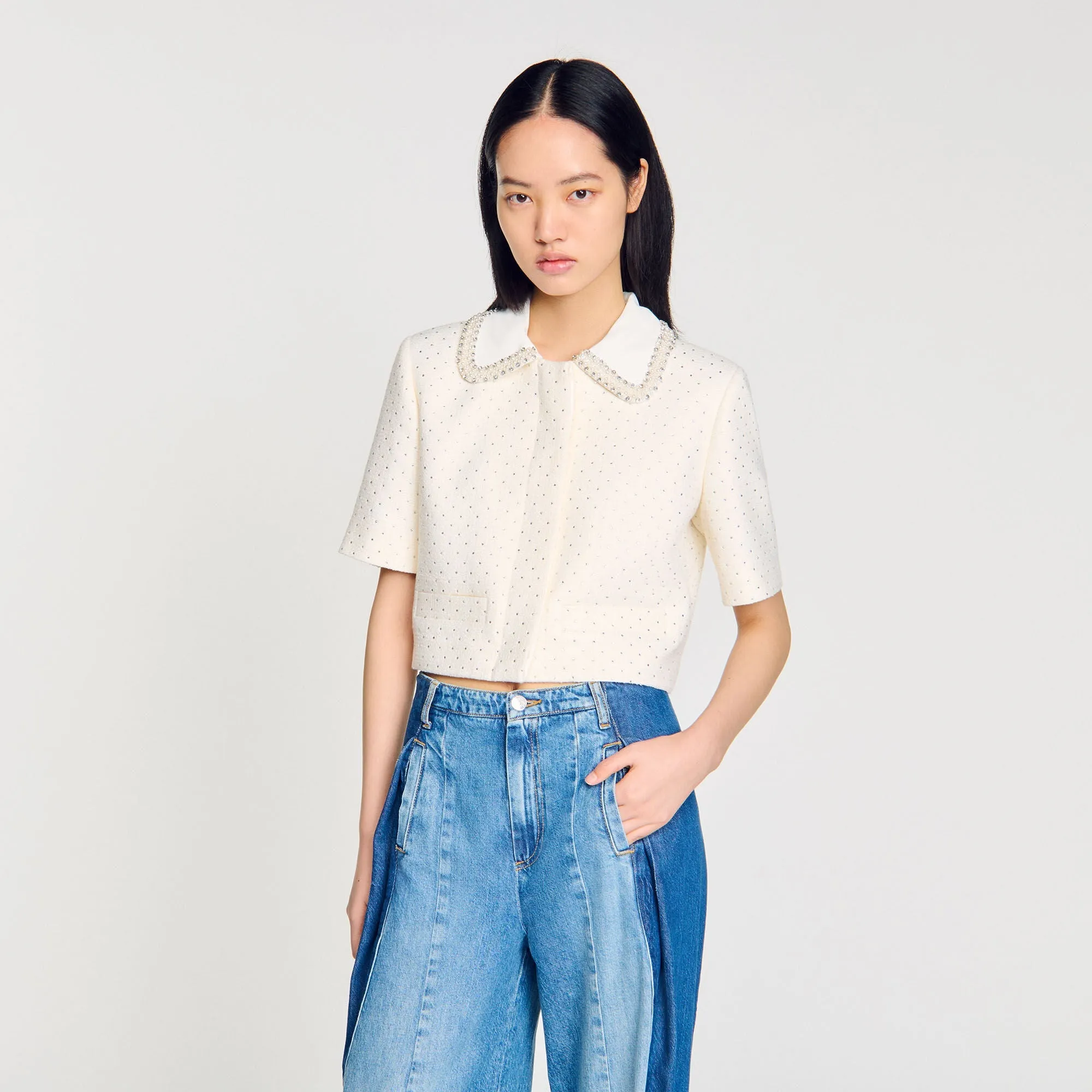 Lahavane Short-Sleeved Rhinestone Jacket Ecru