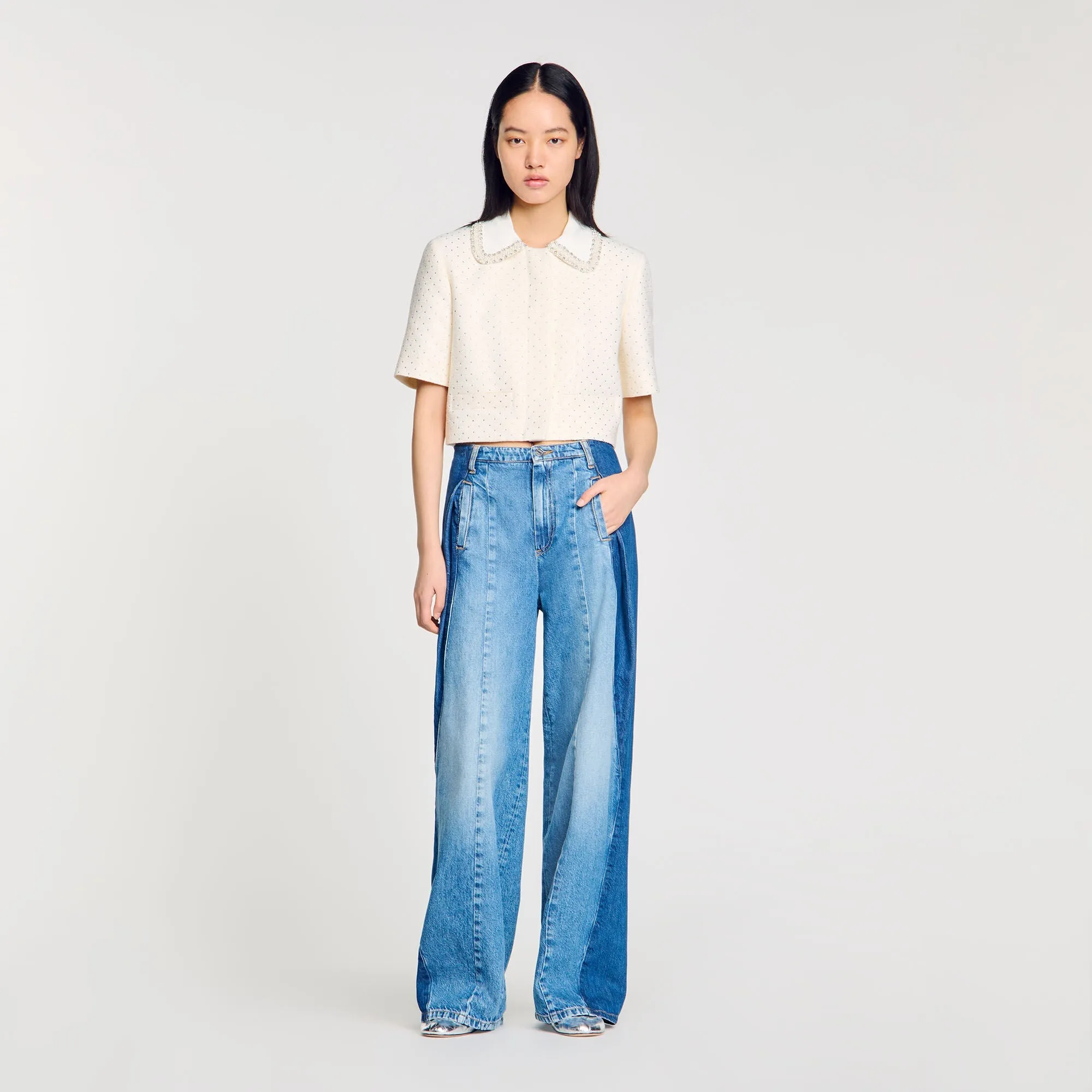 Lahavane Short-Sleeved Rhinestone Jacket Ecru