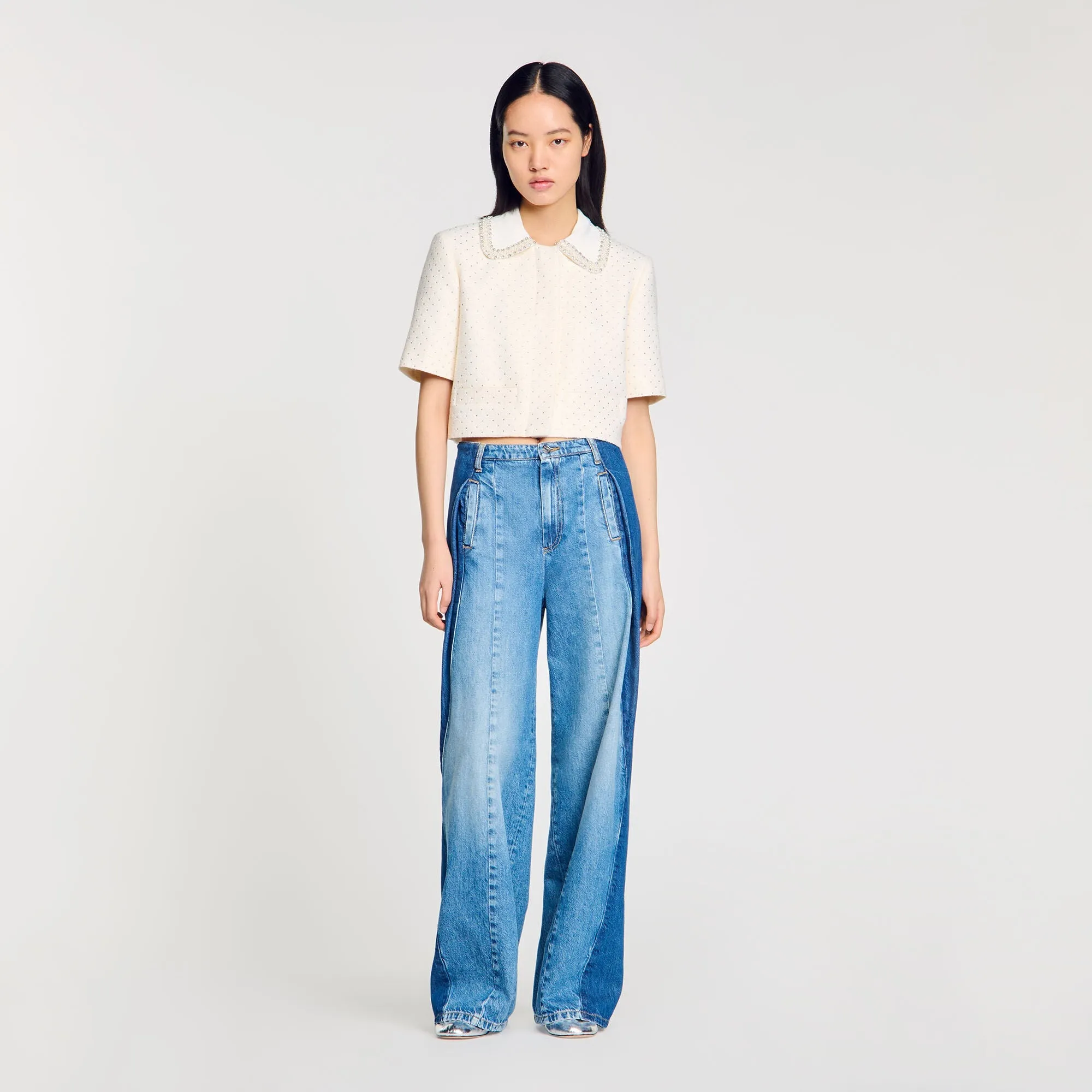 Lahavane Short-Sleeved Rhinestone Jacket Ecru