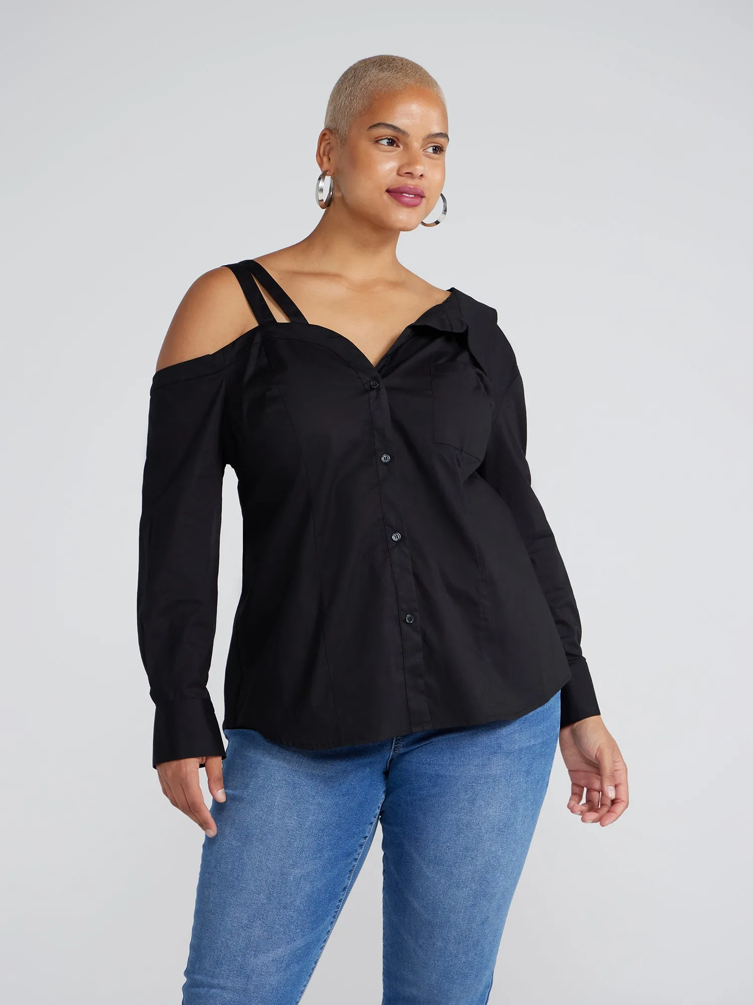 Lenisa Off-The-Shoulder Button-Down Shirt