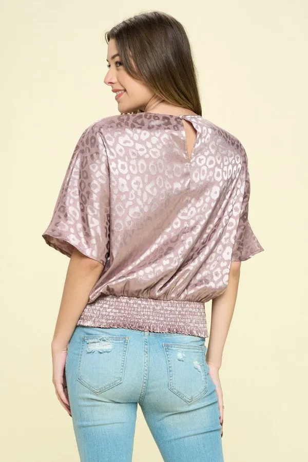 LEOPARD SATIN ROUND NECK BLOUSE W KNOT