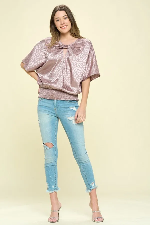 LEOPARD SATIN ROUND NECK BLOUSE W KNOT