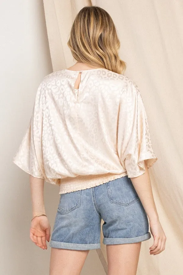 LEOPARD SATIN ROUND NECK BLOUSE W KNOT