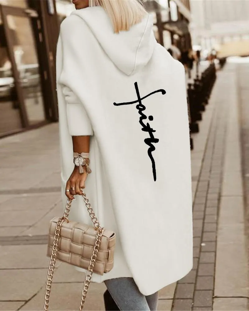 Letter Print Patch Pocket Longline Hooded Coat
