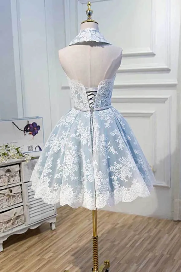 Light Blue Halter Lace Appliques Homecoming Dresses, Short Prom Dress, MH545