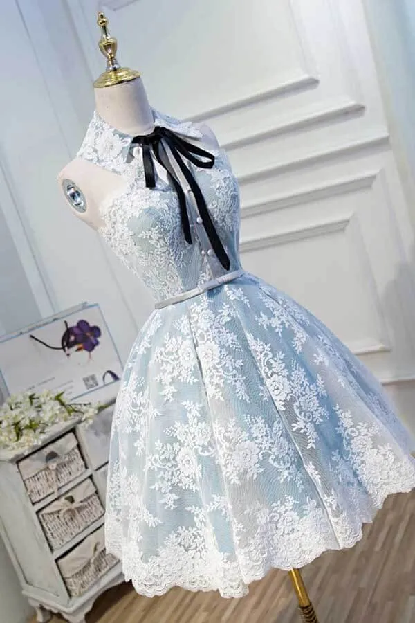 Light Blue Halter Lace Appliques Homecoming Dresses, Short Prom Dress, MH545
