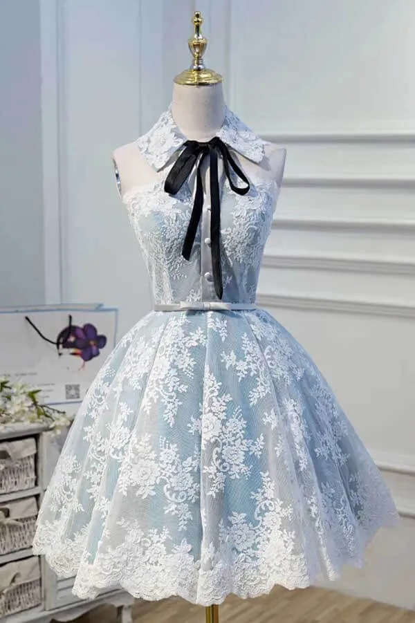 Light Blue Halter Lace Appliques Homecoming Dresses, Short Prom Dress, MH545