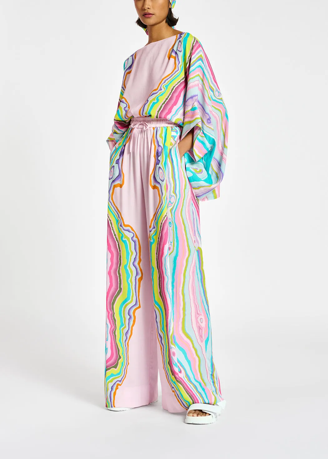 Lilac wide-leg pants with multicolor print