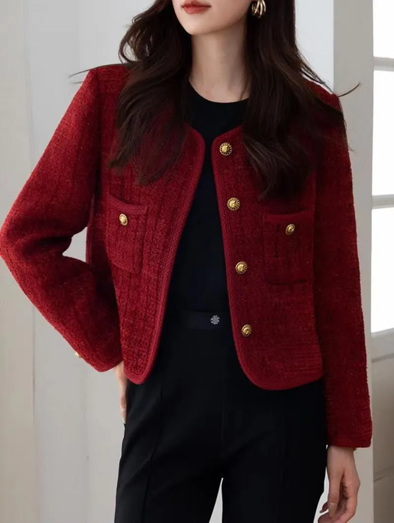 Long Sleeve Wine Red Color Elegant Tweed Jacket