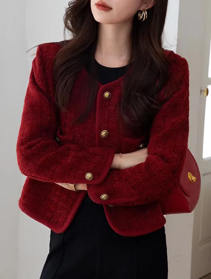 Long Sleeve Wine Red Color Elegant Tweed Jacket