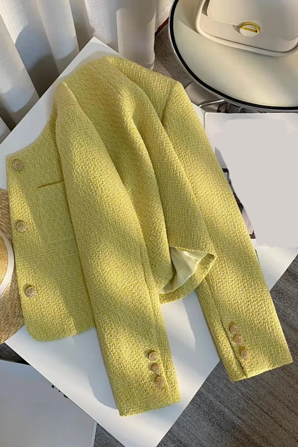 Long Sleeve Yellow Cropped Elegant Tweed Jacket