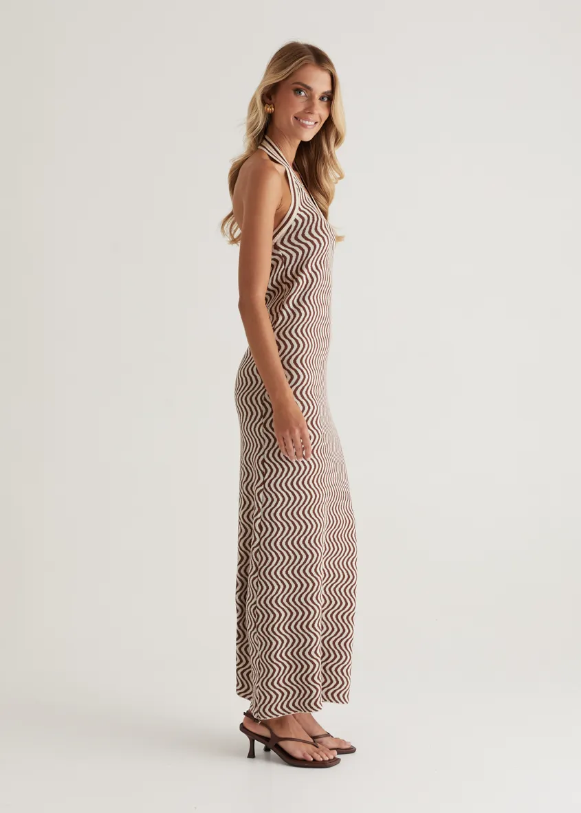 Lorelai Halter Knit Maxi Dress - Brown Swirl