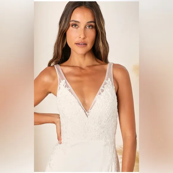 Lulus Precious Promise White Satin Embroidered Lace Mermaid Maxi Dress NWOT