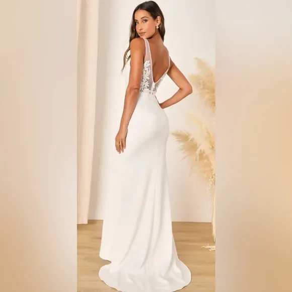 Lulus Precious Promise White Satin Embroidered Lace Mermaid Maxi Dress NWOT
