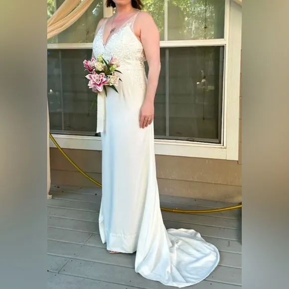 Lulus Precious Promise White Satin Embroidered Lace Mermaid Maxi Dress NWOT