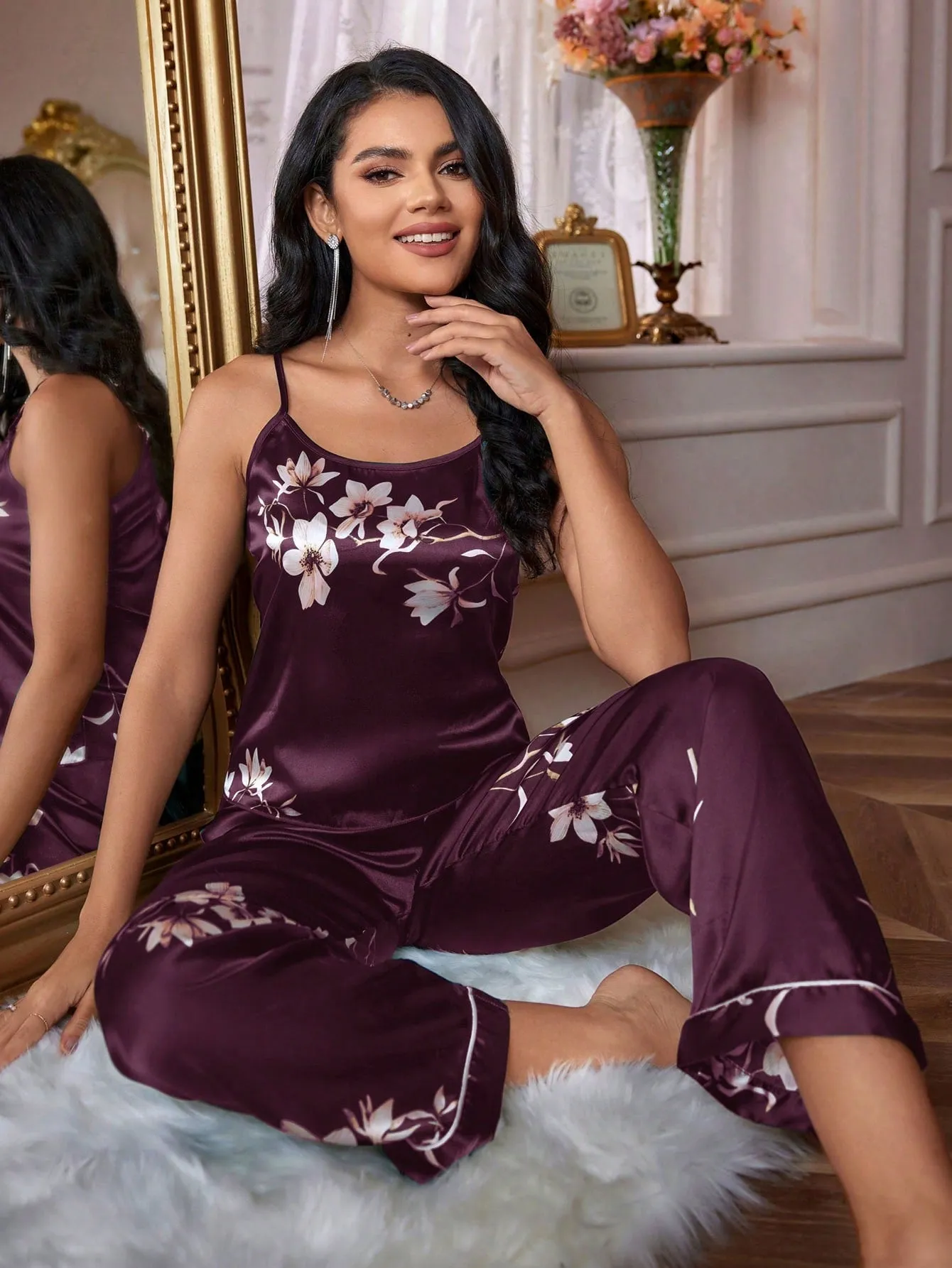 LuxeNights Women Floral Pattern Satin Pajama Set