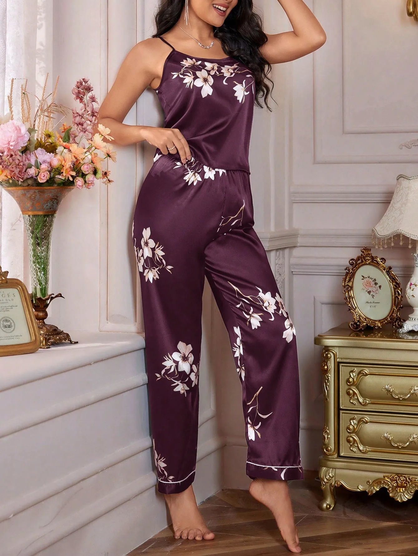 LuxeNights Women Floral Pattern Satin Pajama Set