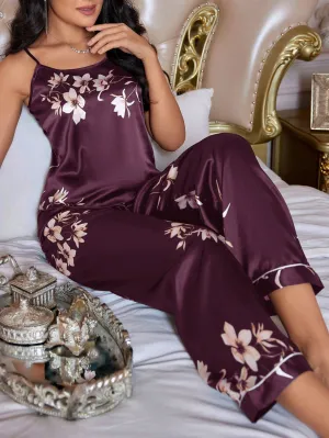 LuxeNights Women Floral Pattern Satin Pajama Set