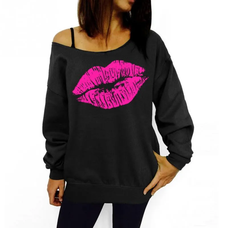 ly Design Girls Cute Sweet Style Red Lips Big Mouth Sexy Oblique Shoulder Tops Women Long Sleeve Pullover Polo Shirts